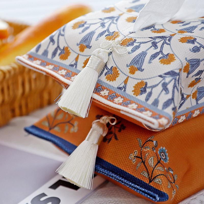 Retro Taschentuchbox aus Stoff mit orientalischem Print und Quaste, B/H: 24 x 18 cm - Bild 1