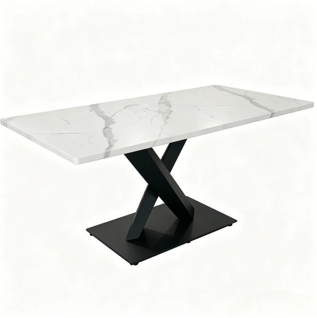 okwish Esstisch Rechteckig in Marmor Optik mit X-Form Metallbasis aus MDF in Weiß und Schwarz, B/T/H: 160 x 80 x 75 cm - Bild 1