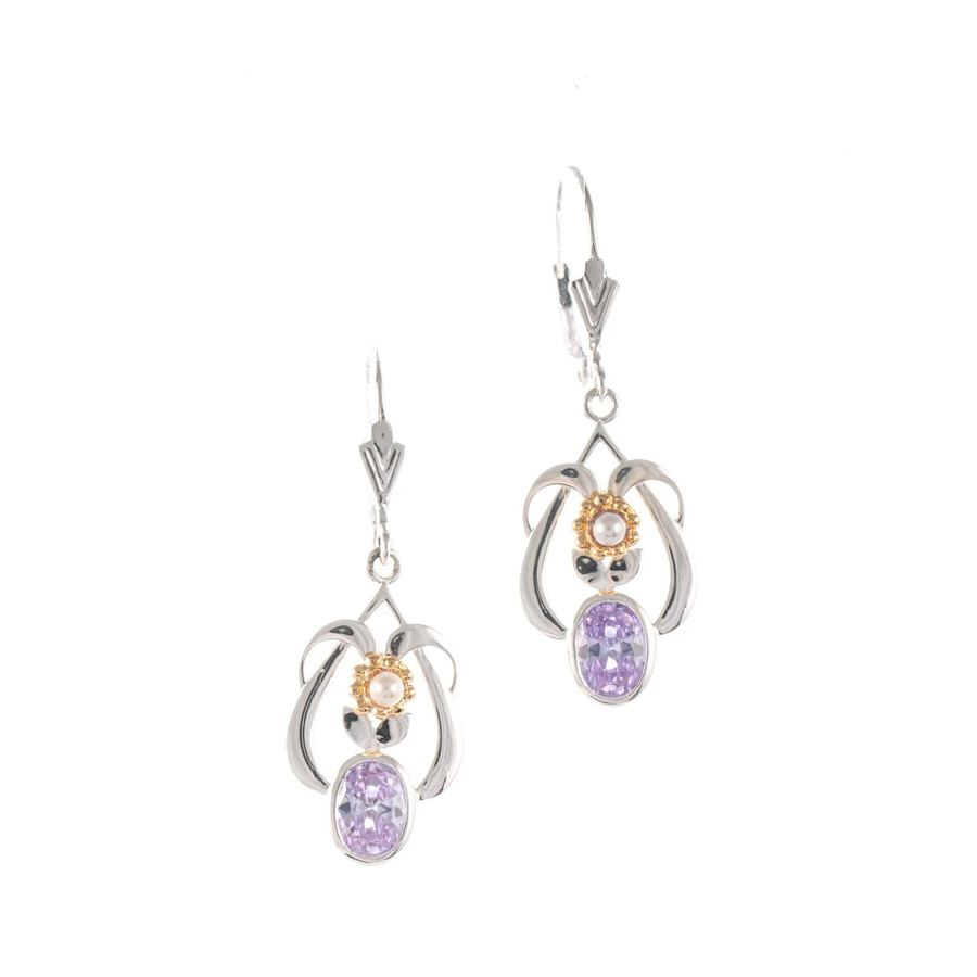 Ohrringe 925 Silber, teilvergoldet, Zirkonia, Perle, flieder, Damen - Bild 1