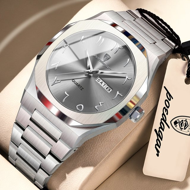 POEDAGAR Armbanduhr, Quarz, Edelstahl, Silber, Herren, Wochentag, Datum - Bild 1
