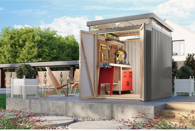 Karibu Metallgerätehaus Argos 2 aus Trapezblech in Graualuminium - Bild 1