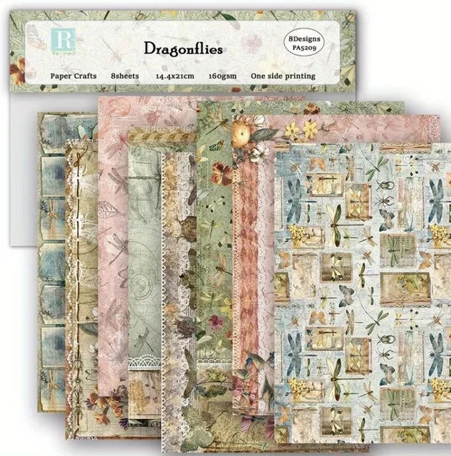 Libellen Scrapbook Papierblock mit verschiedenen Mustern im Vintage-Stil, 8 Stück Decoupage-Karton in Multicolour für DIY und dekorative Kartenherstellung - Bild 1