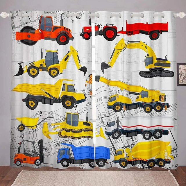 2er-Set Fenstervorhänge mit Baustellen-Motiven wie Baggern und Traktoren für Kinderzimmer, Mehrfarbig, Breite: 60 cm, Höhe: 60 cm - Bild 1