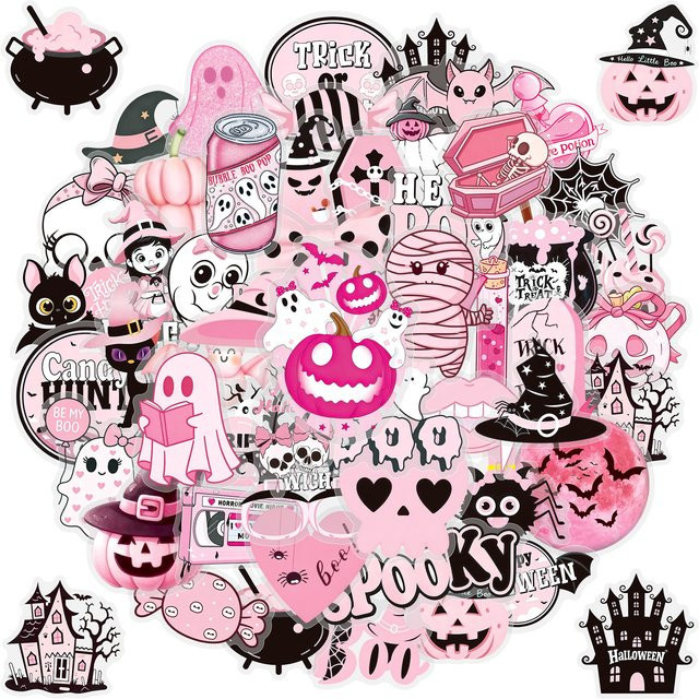 50 Stück Halloween-Aufkleber im Cartoon-Design, rosa PET-Sticker für DIY-Dekorationen, wasserfest - Bild 1