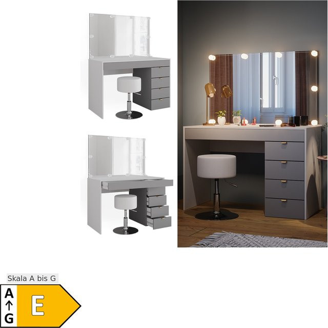 Vicco Schminktisch Elise modern in Weiß und Grau mit LED-Beleuchtung, Spiegel und Hocker, B: 115 cm, T: 76 cm - Bild 1