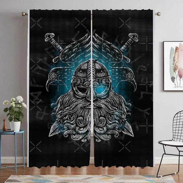 Wikinger Odins Raben Muninn Transparente Vorhänge aus Polyester, 2 Paneele, Schwarz, Breite: 60 cm, Höhe: 90 cm - Bild 1