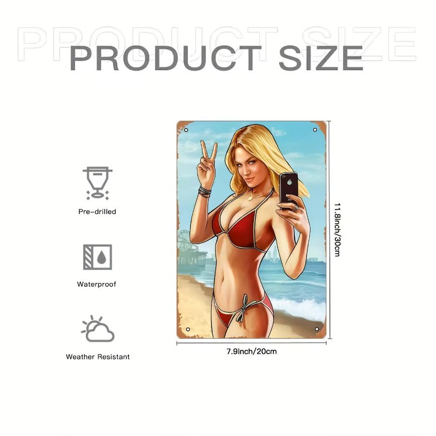 Vintage GTA Beach Game Art Metallposter von CIFBUY mit Bikini-Charakter als Wanddekoration, Breite: 20,32 cm, Höhe: 30,48 cm - Bild 2