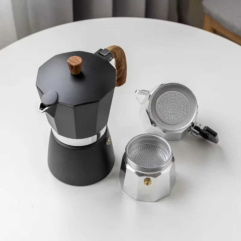 JUSTINLAU Moka Topf für Espresso und Kaffee in Schwarz mit Holzgriff - Bild 2