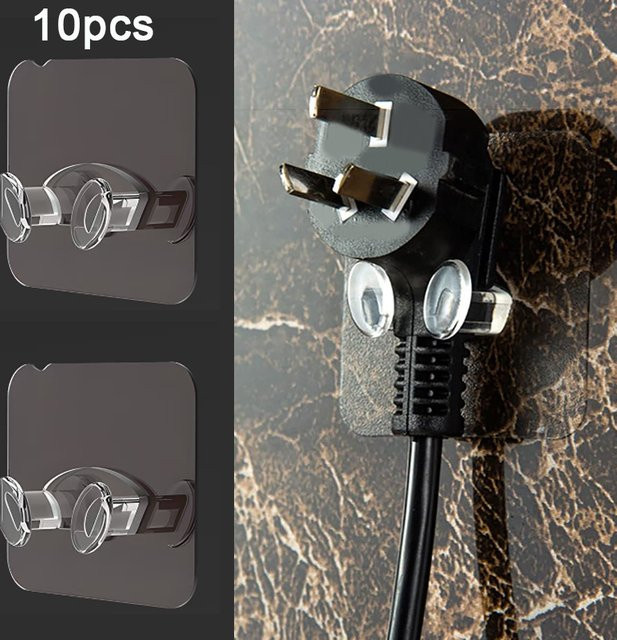 10er Set Selbstklebende Steckdosen-Halter aus Kunststoff in Transparent zur Wandmontage für Power Stecker und Kabelorganisation in Küche und Bad - Bild 1