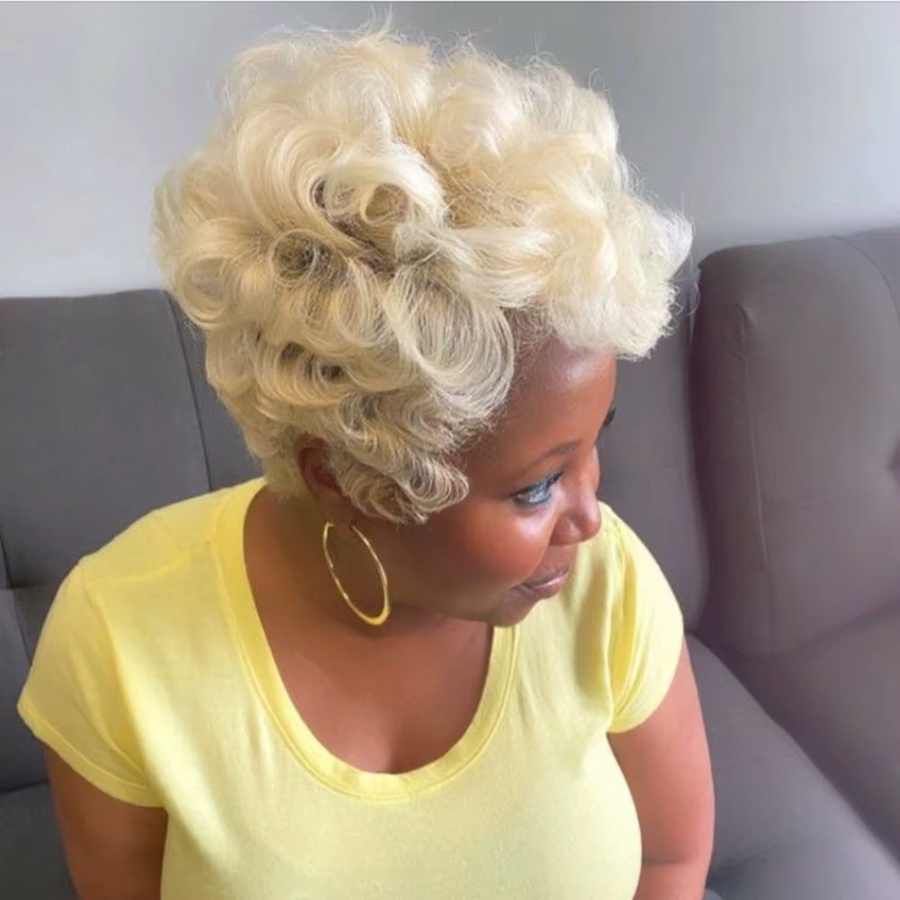 OYM HAIR Blonde Pixie-Schnitt-Perücke, kurzes lockiges Echthaar, Damen - Bild 2
