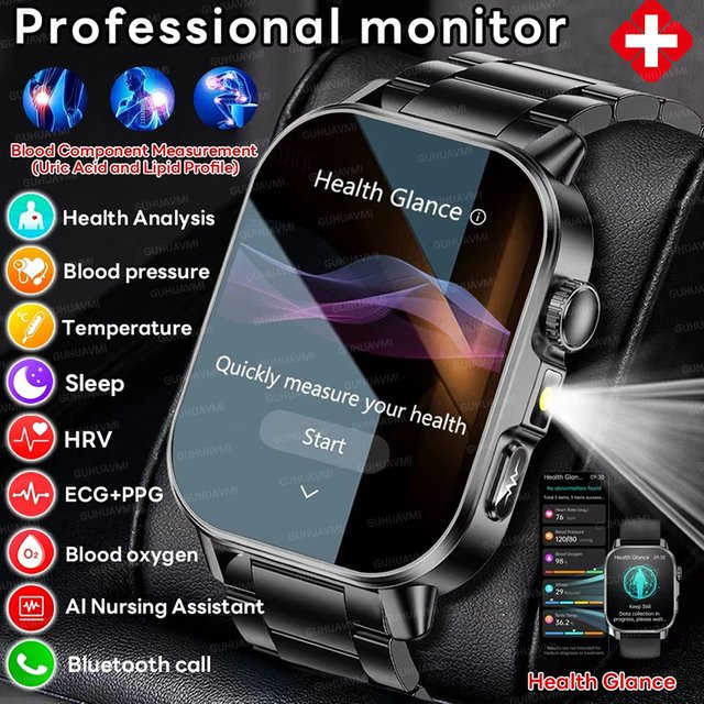 TAVYU Smartwatch in Schwarz mit EKG+PPG Dreifach-Diagnosefunktion für Blutfette, Blutdruck und Harnsäure sowie HD-Anruffunktion - Bild 1