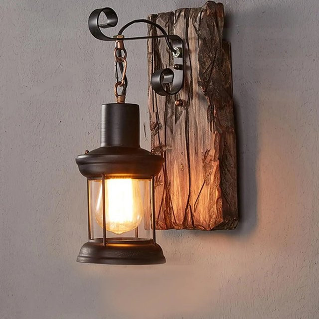 JOYINLED Wandleuchte im industriellen Stil aus Holz und Metall in Schwarz mit transparentem Glas - Bild 1
