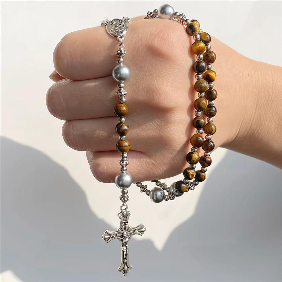 Armband vintwet, Tigerauge Lava, Christus Kreuz Anhänger, Unisex, Silber - Bild 3