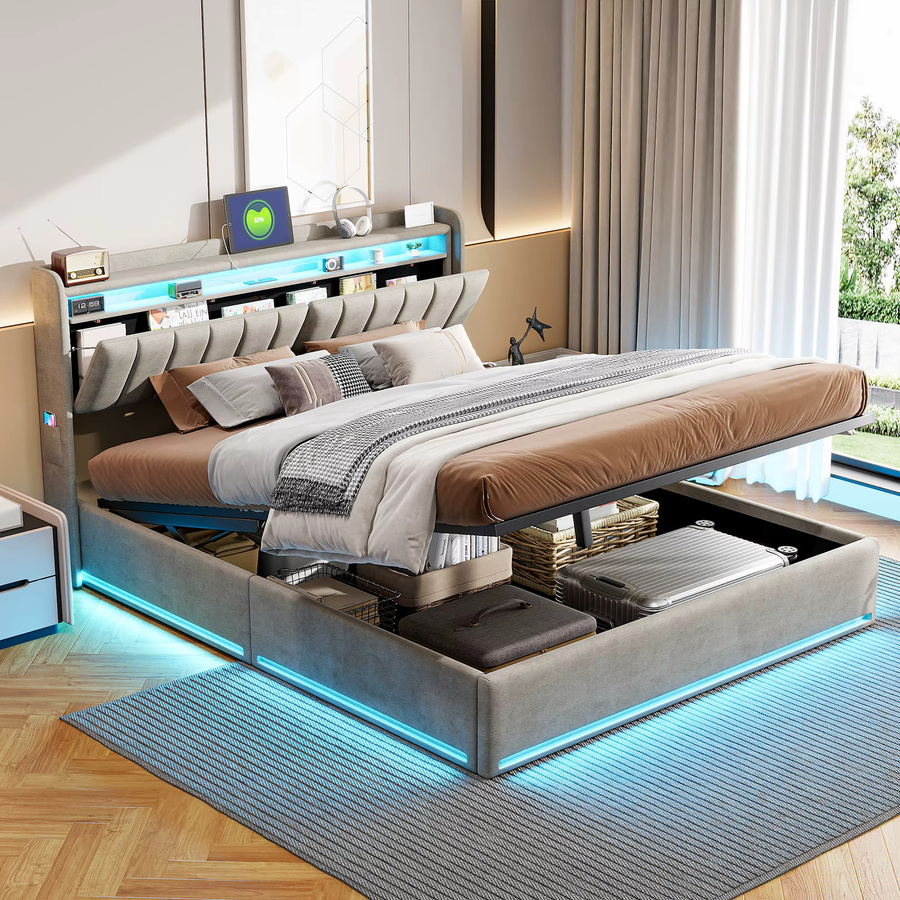 Rosahqnda Doppelbett aus Samt mit LED-Beleuchtung, USB-Anschlüssen und Abblagefach in Pink oder Grau, B/T/H: 90 x 200 cm - Bild 3