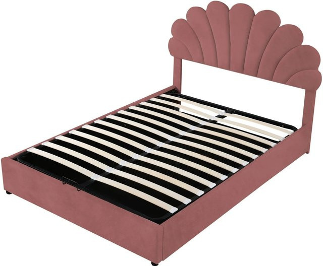 okwish Polsterbett für Kinder aus Samt in Rosa mit höhenverstellbarem Kopfteil und hydraulischem Stauraum, B/T/H: 140 x 200 x 119 cm - Bild 1