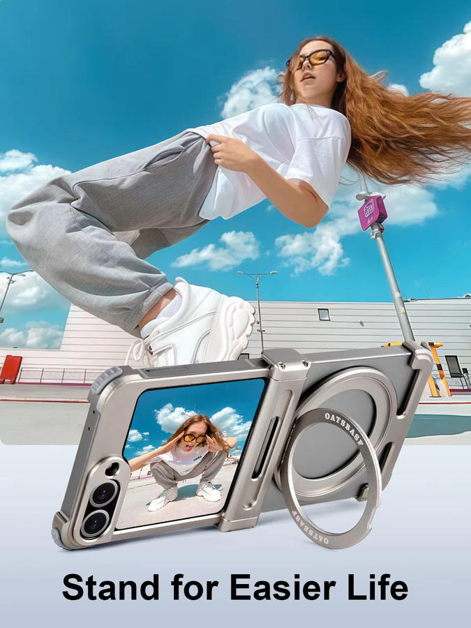 Oatsbasf Handyhülle für Samsung Galaxy Z Flip 6 in Titan Silver mit 360 Grad drehbarem Ständer, magnetisch und rahmenlos aus Metall - Bild 4