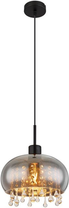 Globo Pendelleuchte aus Glas und Metall in Schwarz und Rauchfarben mit Glaskristallen, Durchmesser: 28 cm - Bild 1