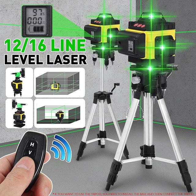 Pro DIY Tool 12/16-Linien 4D-Lasernivelliergerät mit grünem Licht, digitales selbstnivellierendes 360 Grad Rotationsmessgerät mit wiederaufladbarem 6000 mAh Akku in Grün und Gelb - Bild 1