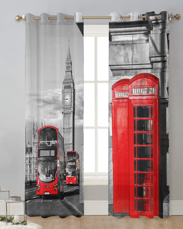 Transparente Vorhänge mit London Roter Telefonzelle und Bus aus Tüll, Voile und Organza, Farbe: Multicolour, Breite: 135 cm, Höhe: 115 cm - Bild 2
