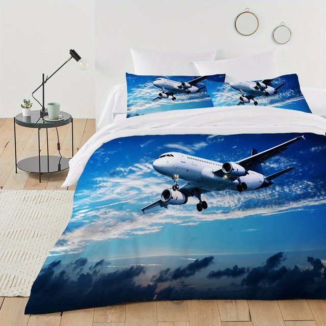 Lodestar 3D-gedrucktes Flugzeug-Bettwäscheset aus Mikrofaser in Blau, Single, Bettbezug und Kissenbezüge, B/H: 140 x 210 cm - Bild 1