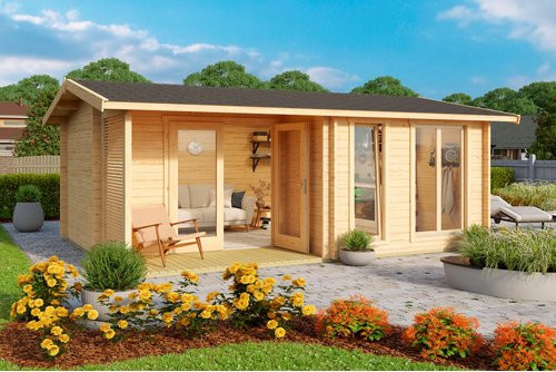 Lasita Maja Gartenhaus Brighton aus Fichtenholz in Beige mit Satteldach und Blockbohlenbauweise, B/T/H: 580 x 370 x 245 cm - Bild 3