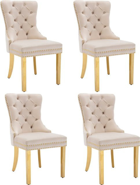 Aosom Esszimmerstühle Set aus 4 Polsterstühlen aus Samt in Beige mit Nagelkopf-Dekor und runden Zugringen, B/T/H: 51 x 65,5 x 95 cm - Bild 1