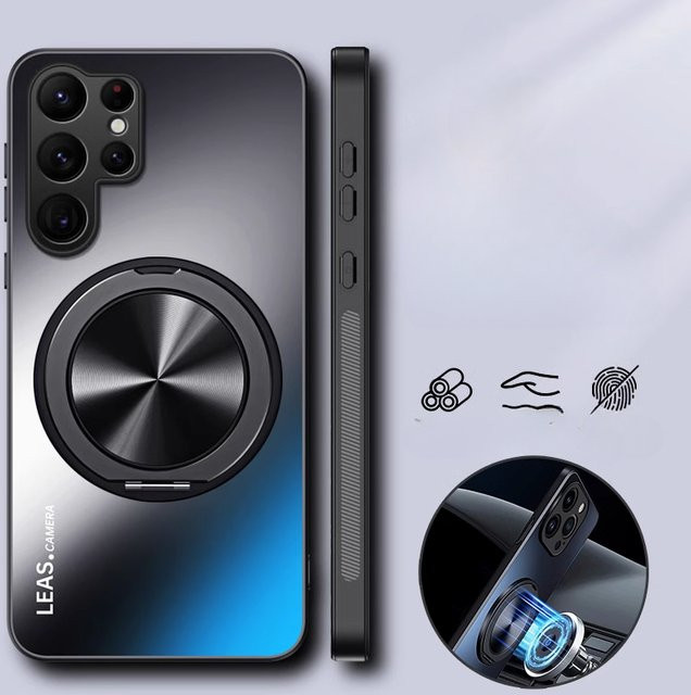 Matte Schutzhülle mit magnetischem Ringständer für Samsung Galaxy S25 Ultra Plus S24 FE S23 S22 S21 S20 in Schwarz mit Kamera Schutz - Bild 1