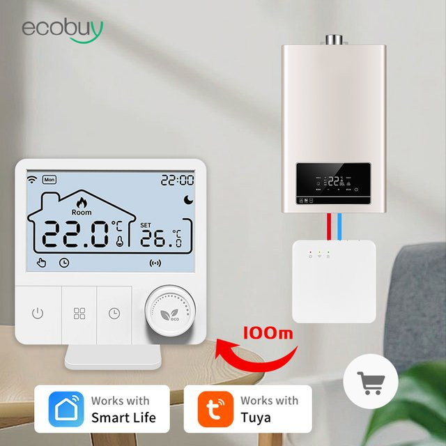 Tuya Smart Wifi Kessel Thermostat Weiß, Drahtloser Heizungsthermostat mit Alexa und Google Home Integration, Batteriebetrieben - Bild 1