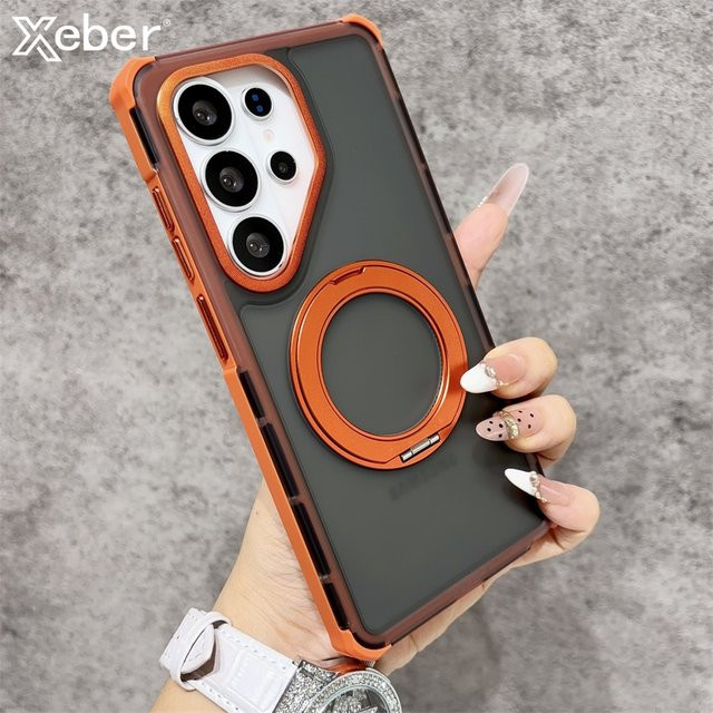 Stoßfeste matte Handyhülle mit drehbarer Halterung und MagSafe Kompatibilität für Samsung Galaxy S26 Ultra, S25 und S24 Ultra Plus mit transparenter Rückseite in Orange und Silber - Bild 1