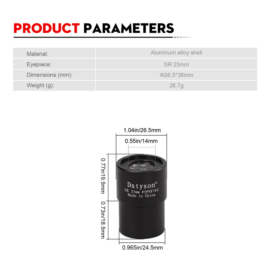 Datyson 5P9876C Ganzmetalllinse 0,965 Zoll SR 25 mm Okular in Schwarz für astronomische Teleskope - Bild 2