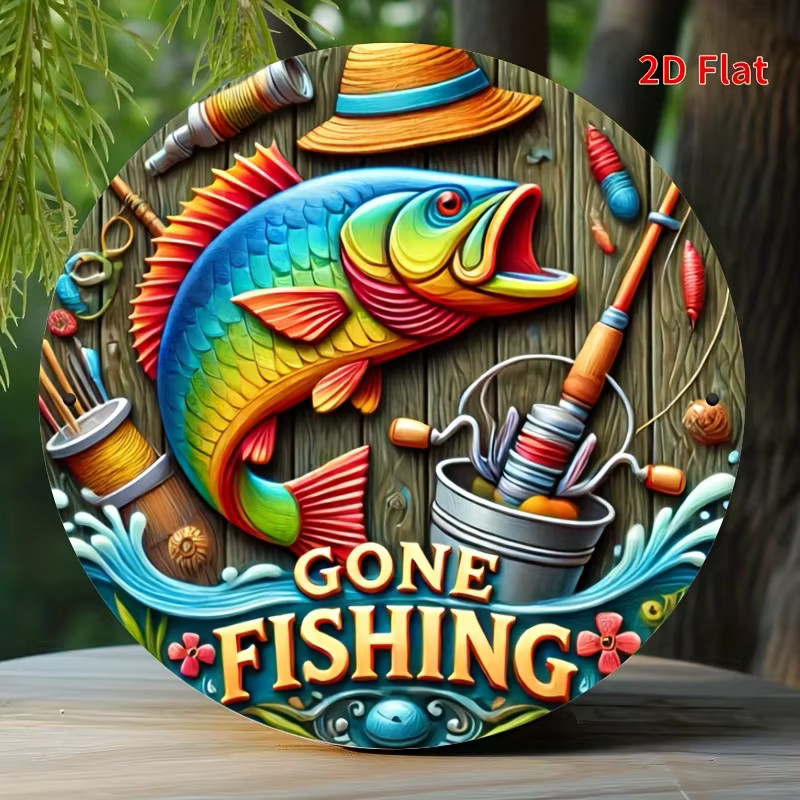 Potdemiel Rundes Metallschild Gone Fishing mit buntem Fisch- und Angelausrüstung Design, Durchmesser: 20 cm, Mehrfarbig - Bild 2
