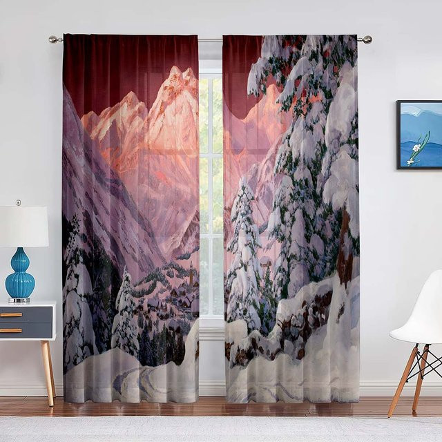 Transparenter Chiffon-Vorhang mit Bergwald-Flussmalerei für Wohnzimmer und Schlafzimmer, B: 100 cm, H: 250 cm - Bild 1