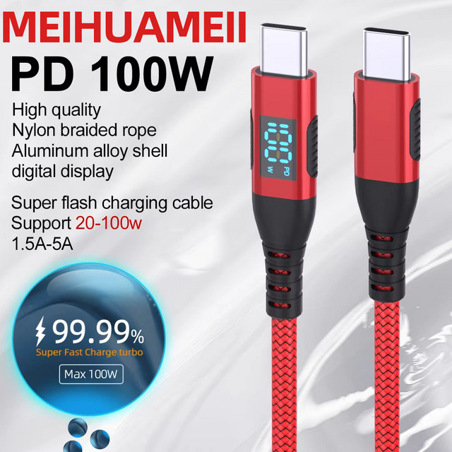 LAIHONEN USB-C zu USB-C Datenkabel mit 100W Schnellladung und LED-Dynamischer Anzeige in Rot - Bild 1