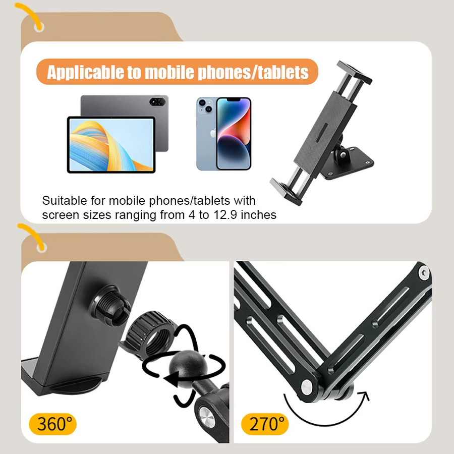 VIKEFON Verstellbare Tablet-Wandhalterung in Schwarz, 360 Grad drehbarer Telefonständer mit langem Arm für Schreibtisch und Bett, geeignet für Geräte von 4,7 bis 12,9 Zoll und iPad - Bild 3