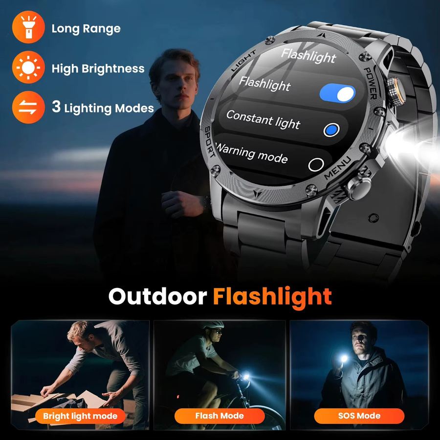 GUHUAVMI Militär-Smartwatch in Schwarz mit 1,7 Zoll Ultra-HD-Bildschirm, Bluetooth-Anruffunktion, IP68K Wasserdichtigkeit und Herzfrequenzmessung für Android - Bild 4