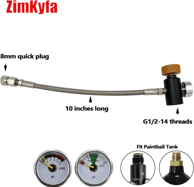 Hochdruck-Luftfülladapter mit geflochtenem Schlauch-Kit und Manometer, 10 Zoll, 8mm Schnellkupplung, passend für G1, Marke zimakyfa - Bild 1