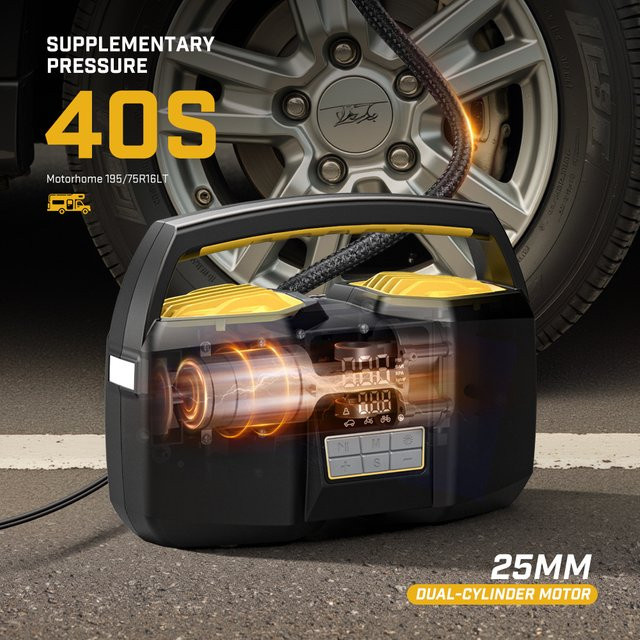 Carsun Dual 25-Zylinder 150 PSI Superschneller Inflator in Schwarz mit 12 V Zigarettenanzünder-Stromversorgung und LED-Licht für Wohnmobile, SUVs und große Reifen - Bild 1