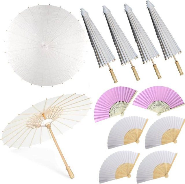 APWIKOGER Weiße Hochzeits-Papierschirme mit Holzgriff, Durchmesser: 60 cm, Rustikale Fächer für Hochzeit und Party - Bild 1