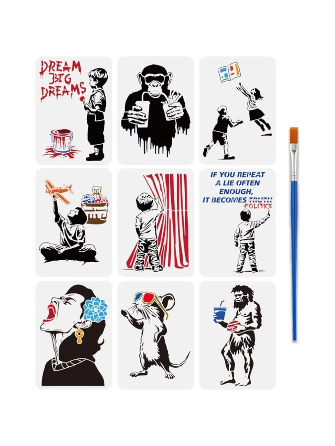9 Stück Malschablonen Set mit Pinsel aus Kunststoff für Graffiti und Zeichnungen mit Motiven wie Sonnenbrille, Ratte, Junge, Affe und Fast Food, Größe: 21,1 x 29,7 cm - Bild 6