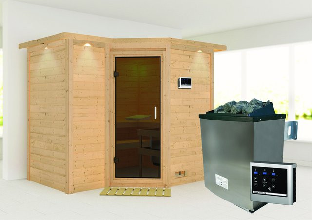Karibu Massivholzsauna SAHIB 2 in Grau mit 9,0 kW Ofen, Steuergerät, Dachkranz und Ganzglastür, B/T/H: 236 x 184 x 212 cm - Bild 1