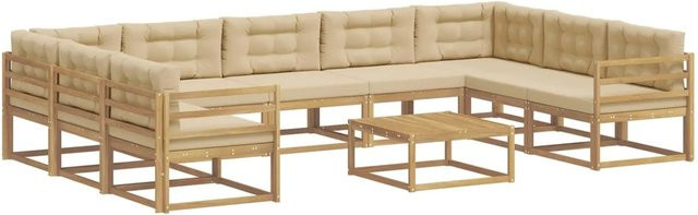 vidaXL Outdoor-Sofagarnitur in L-Form aus Akazienholz mit 10 Kissen in Weiß, Beige und Braun - Bild 1