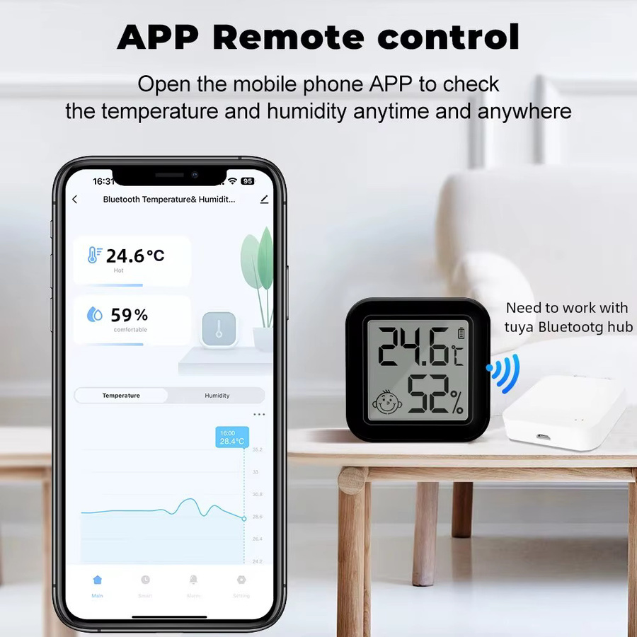 Onenuo Tuya Bluetooth Temperatur- und Feuchtigkeitssensor mit LCD Digitaldisplay und App-Steuerung, Schwarz - Bild 2
