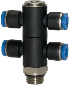 Riegler T-Mehrfachverteiler Blaue Serie 4-fach drehbar G 1/8 a Ø4mm in Blau und Schwarz aus Messing - Bild 1