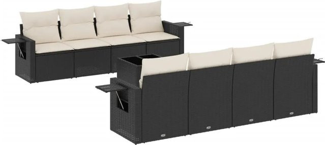 vidaXL 9-teilige Garten-Sofagarnitur aus Poly-Rattan in Schwarz mit cremeweißen Kissen und pulverbeschichtetem Stahlgestell - Bild 1
