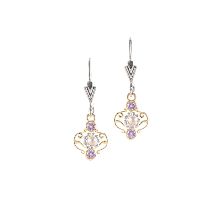 Ohrringe 925 Silber, teilvergoldet, Zirkonia, flieder, Perle, Damen - Bild 1