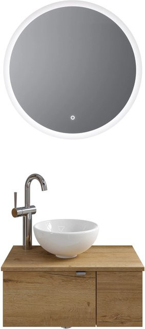 Pelipal Badmöbel-Set Halifax Serie 6915 in Eiche mit Keramik Aufsatzbecken, Waschtischunterschrank und Funktionsspiegel mit LED-Beleuchtung und Sensor-Schalter - Bild 1