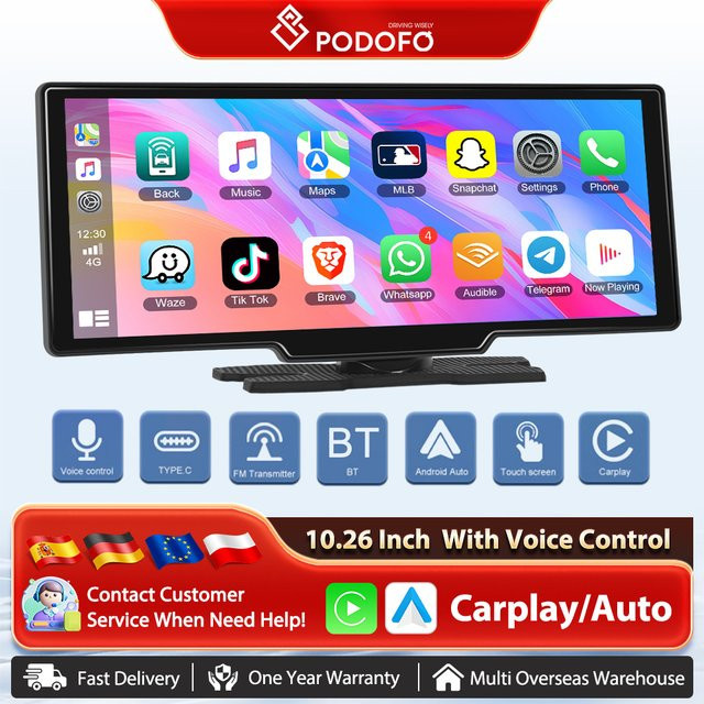 Podofo 10,26 Zoll Wireless CarPlay und Android Auto Tragbarer Smart Player mit Sprachsteuerung, Bluetooth und FM, Schwarz - Bild 1