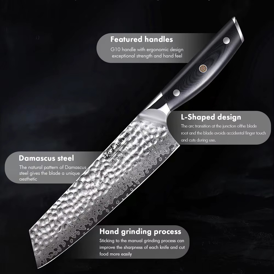 TURWHO Bunka-Messer im japanischen Stil aus 67-lagigem Damaststahl, Kiritsuke-Kochmesser in Silber mit Holzgriff, Länge: 19,05 cm - Bild 5