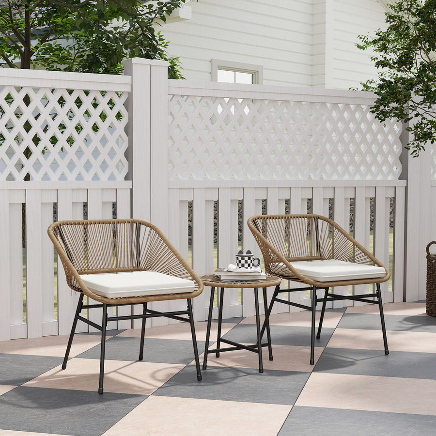 Outsunny Gartenmöbelset 3-teilig aus PE-Rattan und Stahl in Naturholzfarbe mit 2 Stühlen inklusive Kissen und rundem Kaffeetisch mit Glasplatte, braun - Bild 2
