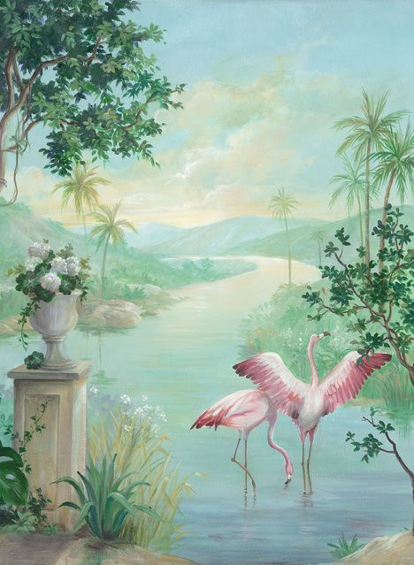 Coordonné Wandbild Paisaje mit Flamingos in Grün - Bild 1